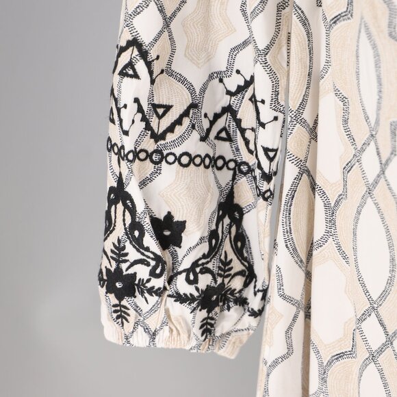 CHICO'S Poplin Embellished A-Line Midi Dress Boho Geo Print Tan Black Size 0/S - Picture 7 of 9